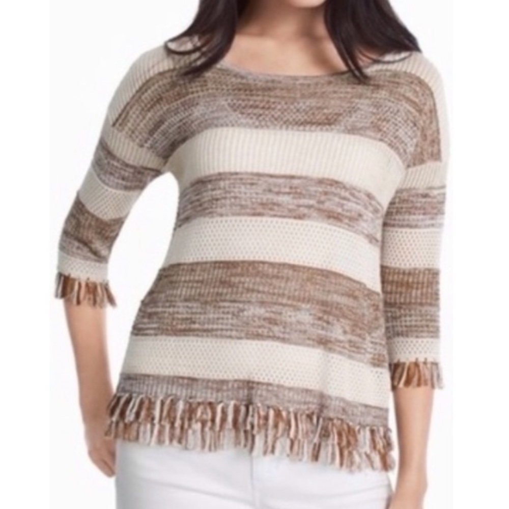 White House Black Market Striped Knit Sweater Fringe Trim Metallic 3/4 Sleeve